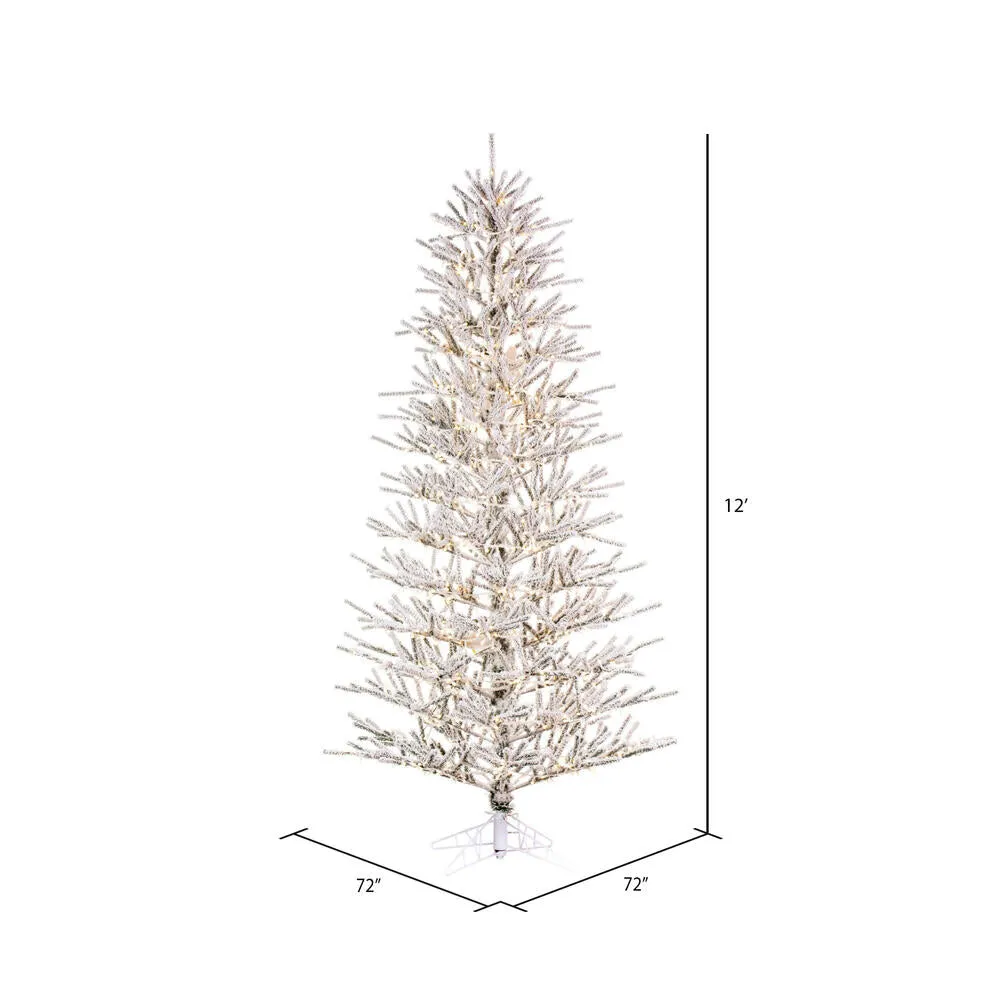 12' x 72" Flocked Pistol Pine Artificial Pre-lit Xmas Tree Warm White 3mm LED