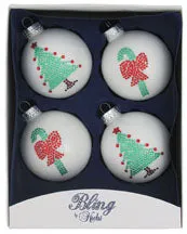 Set of 4 White Porcelain Balls with Rhinestone Tree and Candy Cane Detail - 2 5/8 Inches