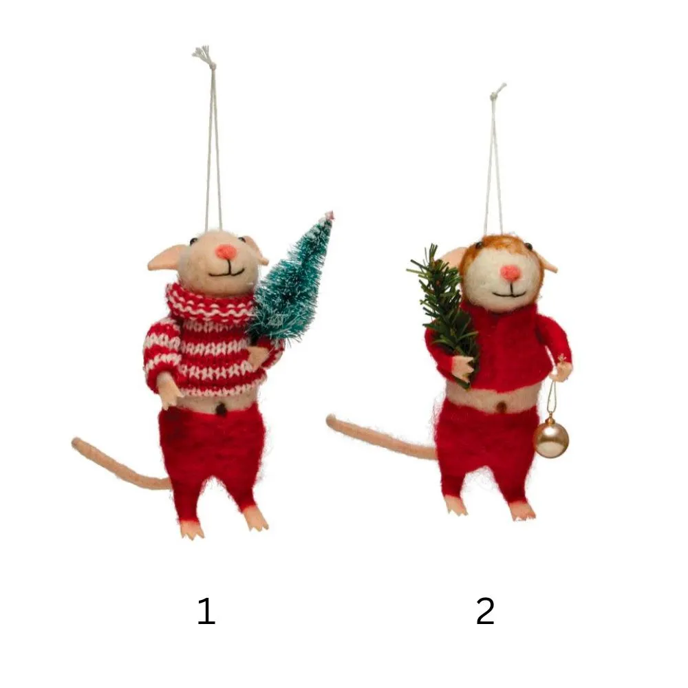 4-1/2"H Wool Felt Mouse in Outfit with Faux Trees Ornament, Multi Color
