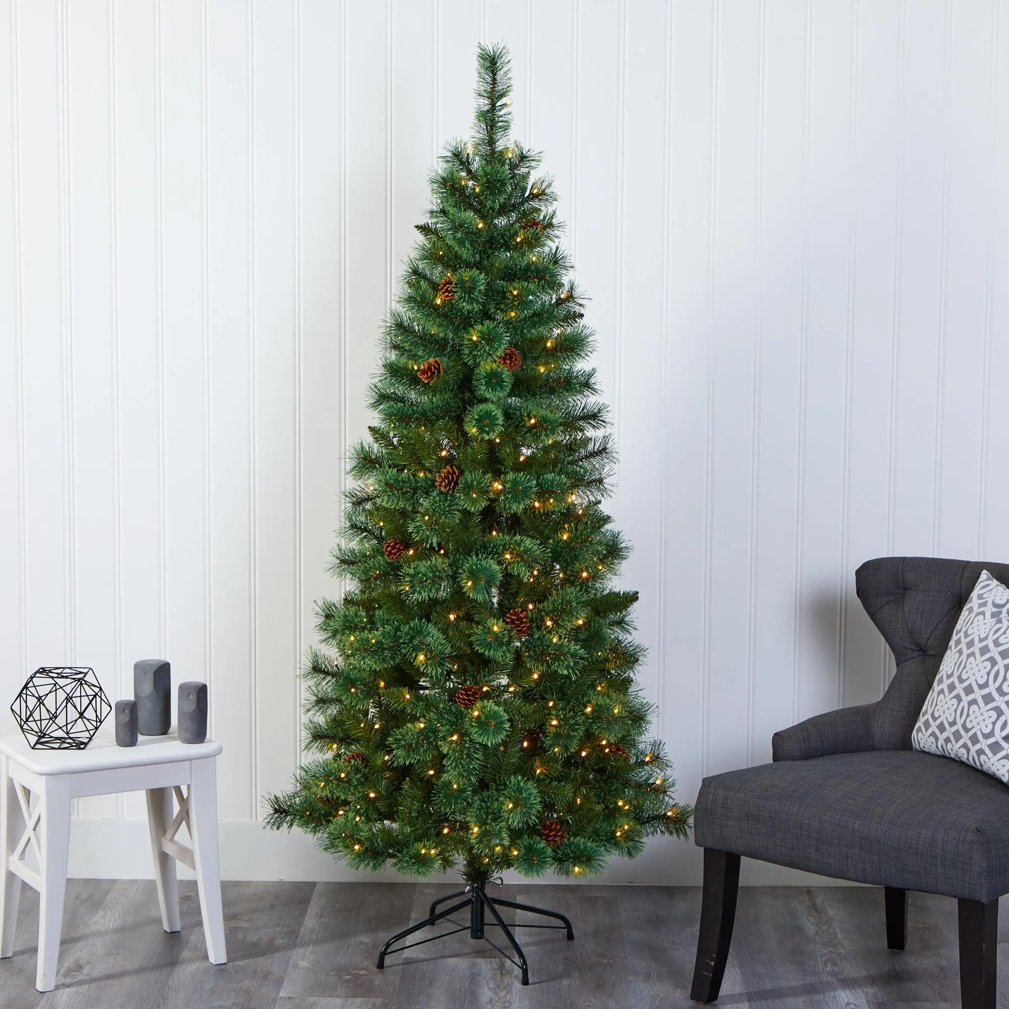 6' White Mountain Pine Artificial Christmas Tree with 300 Clear LED Lights and Pine Cones