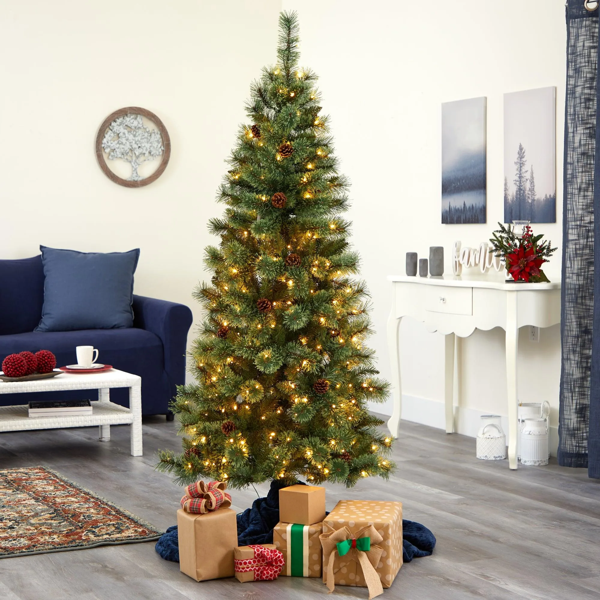 6' White Mountain Pine Artificial Christmas Tree with 300 Clear LED Lights and Pine Cones
