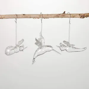 Bird Bee Dragonfly Ornaments Clear 4.5"H Glass Set of 3