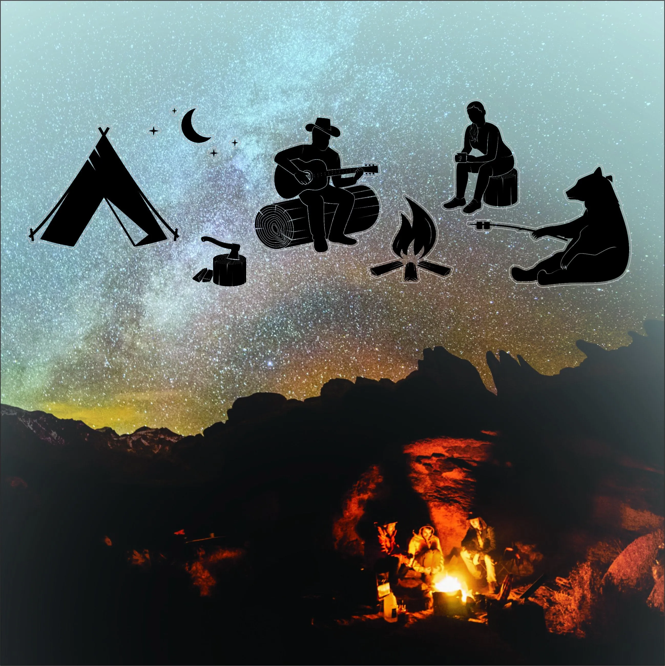 Camping Bear, Marshmallow Camp Fire & Tent Under Night Sky