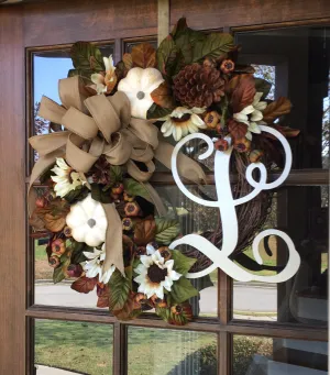Fall Cream Pumpkin Monogram Wreath with Burlap Bow-Rustic Look 21-22" Dia