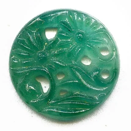 'Jade Glass' Floral Cabochon, disk, molded, pierced. Japan. 16mm. Pkg of 2. b11-gr-0993