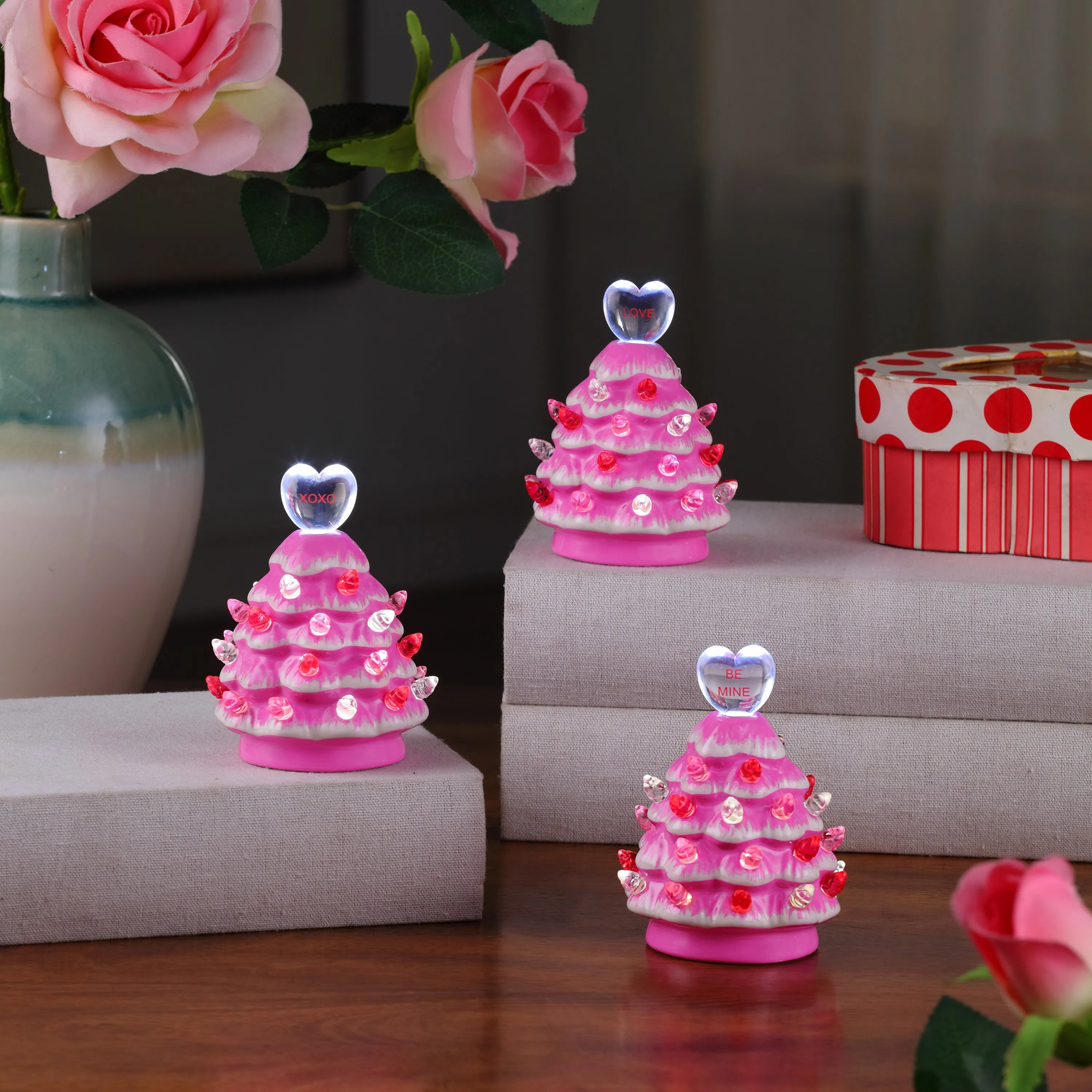 Miss Valentine Set of 3 Ceramic 4.1 in. Miniature Hot Pink Trees