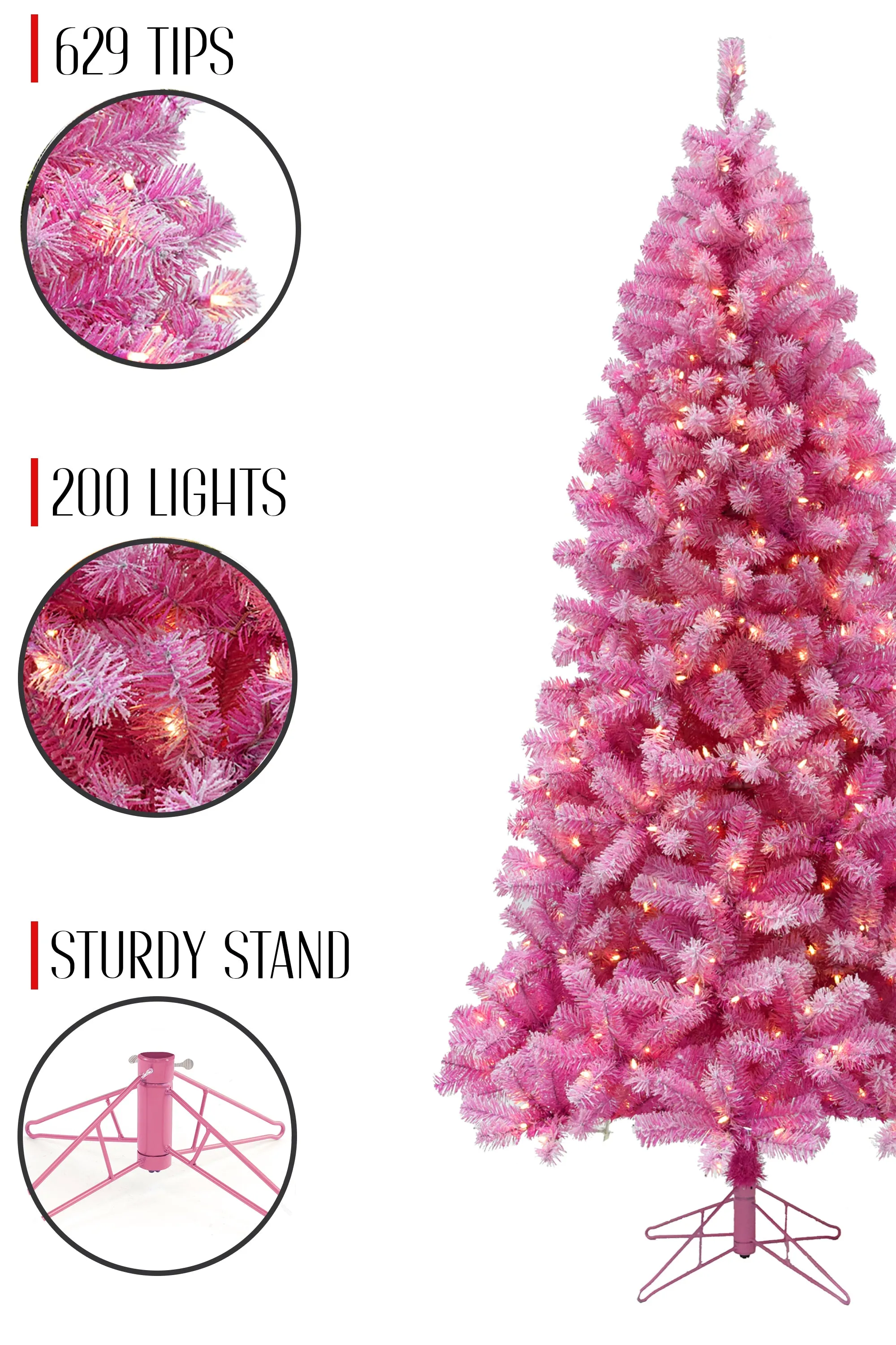 Prelit Pink Christmas Tree with Silver Tinsel Needles Warm White Lights