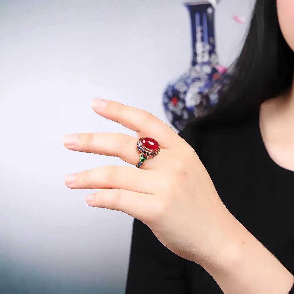 Red Corundum Ladies Ring S925 Silver Ornaments Live Hand Ornaments
