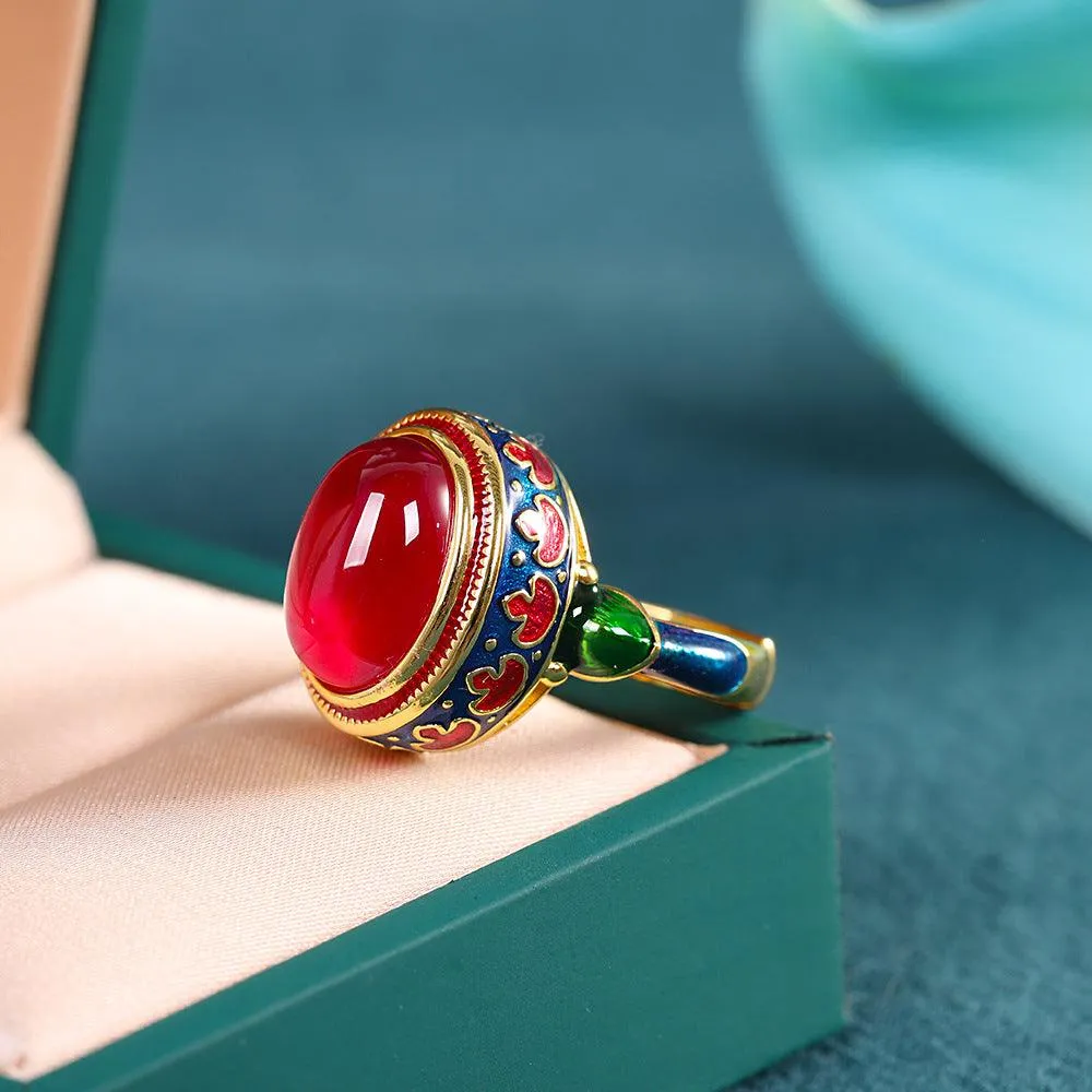 Red Corundum Ladies Ring S925 Silver Ornaments Live Hand Ornaments